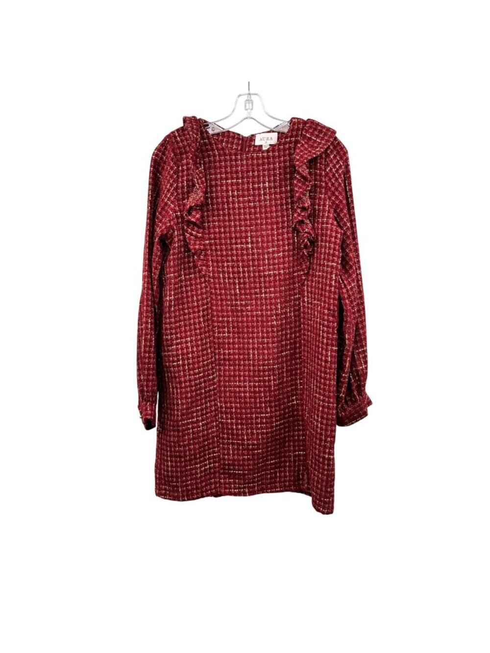 AURA Textured Shift Dress Long Sleeve Ruffle Burgundy/Yellow Size Small
